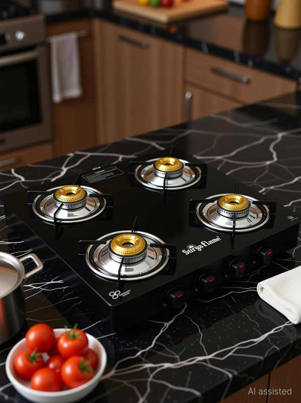 Suryaflame Splendor LPG 4 Burner Gas Stove with Brass Burner & Toughened Glass Top Glass Manual Gas Stove(4 Burners)