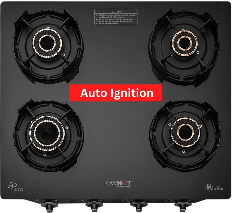 BLOWHOT Premium Emerald Auto Ignition Tornado Brass Burners, 2-Year Warranty, Toughened Glass, Iron Automatic Gas Stove(4 Burners)