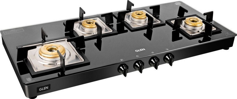 Glen 4 Burner Stainless Steel Gas Stove Extra Wide 1 High Flame 3 Brass Burner Stainless Steel Manual Gas Stove(4 Burners)