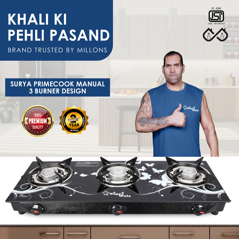 Sigri-wala Sleek Blkd 2B Toughened Glass Tornado Burner Glass manual gas stove(2 Burner) Glass Manual Gas Stove(2 Burners)