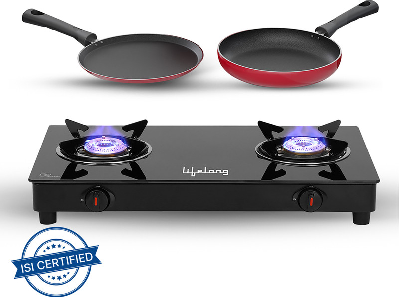 Lifelong Combo - Cooktop + Flat tawa + Fry Pan Top Glass Manual Gas Stove(2 Burners)