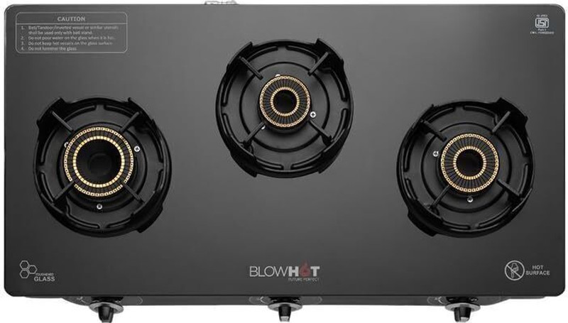BLOWHOT Emerald Heavy Tornado Brass Toughened Top Glass, Iron Automatic Gas Stove(3 Burners)