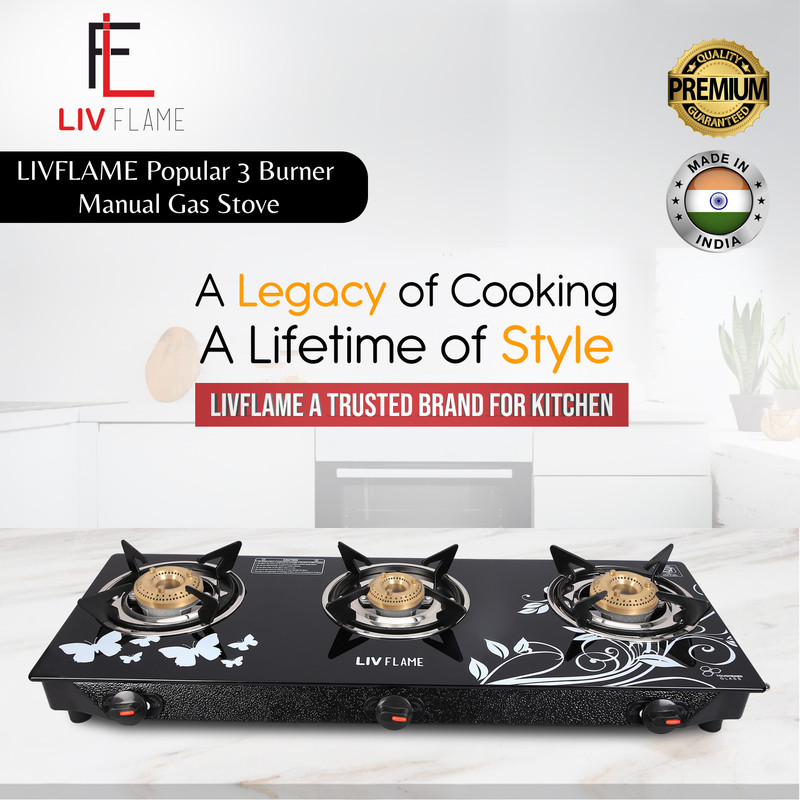LIVFLAME Popular Cute Blkd Toughened Glass Gas stove(Manual,Black) Glass Manual Gas Stove(3 Burners)