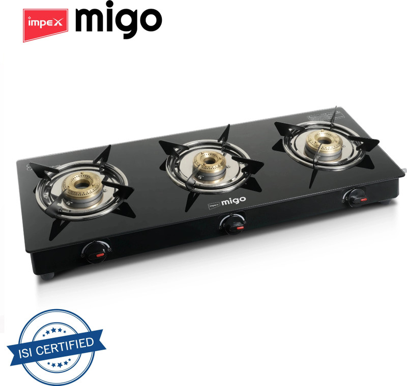 IMPEX 3 Burner Glasstop Gas Stove LINEA 3B , Toughened Glass top Glass Manual Gas Stove(3 Burners)