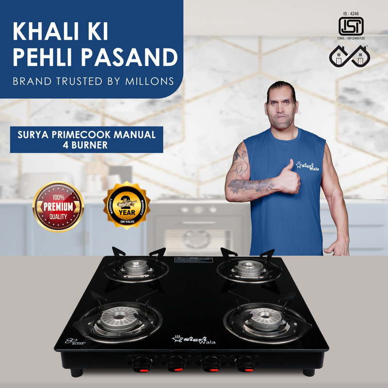 Sigri-wala Primecook Manual DLX Glass Manual Gas Stove(4 Burners)