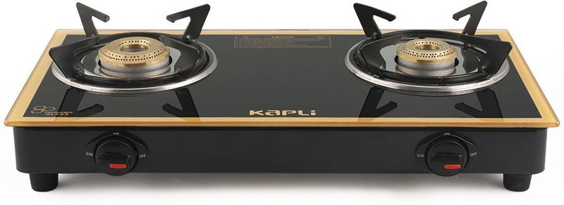 KAPLI Toughened Glass Gas Stove Cooktop Manual| High Efficiency Cast Iron For LPG Glass Manual Gas Stove(2 Burners)