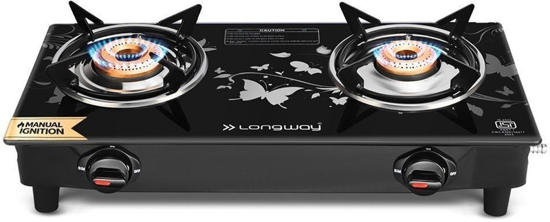 Longway Astra Premium ISI Certified, Glass Top, 2 Burner Ignition Stainless Steel, Glass Manual Gas Stove(2 Burners)
