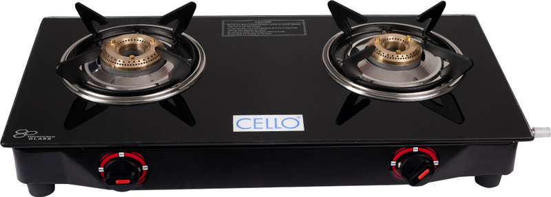 cello Regal 2 Burner MS Frame Glass Top Gas Stove with Brass Burners Glass Manual Gas Stove (2 Burners)