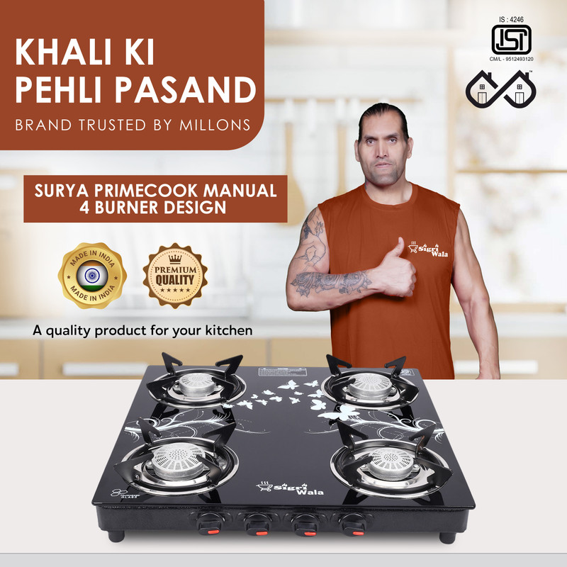 Sigri-wala Primecook Manual Cute Design Toughened Glass Gas Stove Stainless Steel Manual Gas Stove(2 Burners)