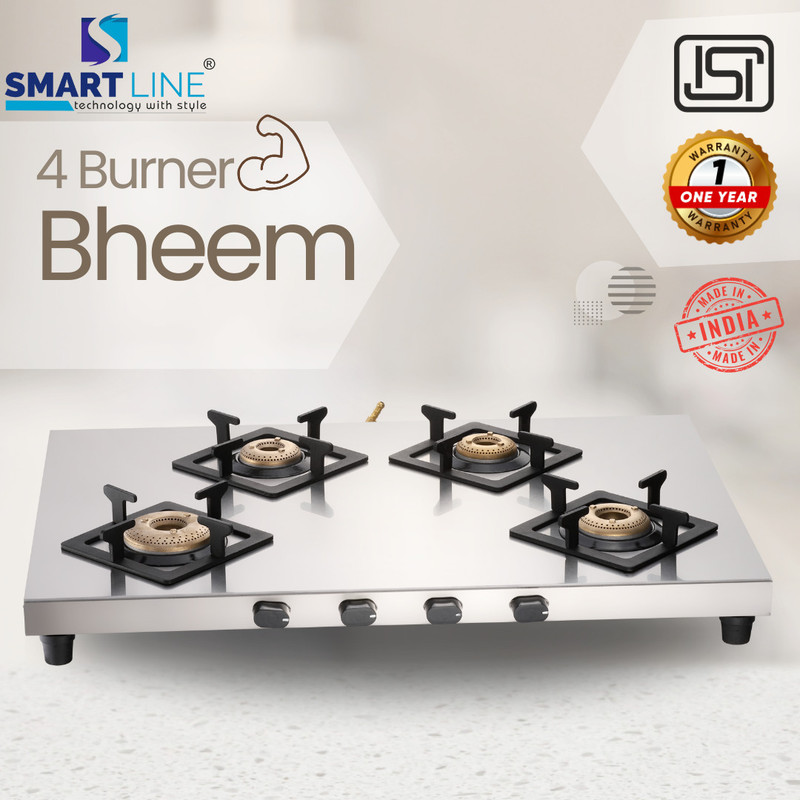 SMART LINE 4 Burner Bheem, LPG Compatible Gas Stove, Forged Brass Burners, Stainless Steel Manual Gas Stove(4 Burners)