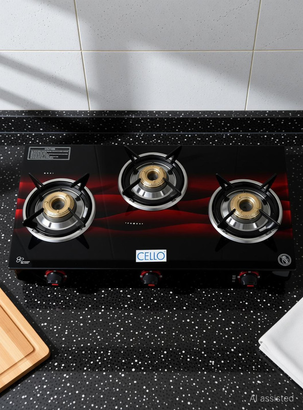CELLO Gem 3 Burner Red Manual Ignition LPG Glass Top Gas Stove, ISI Certified Glass Manual Gas Stove(3 Burners)