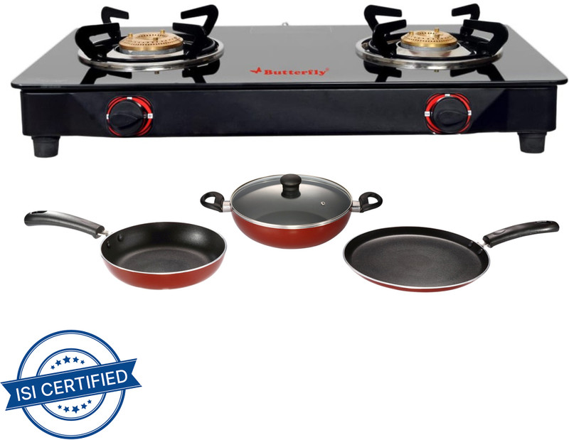 Butterfly RAPID 2B GLASS TOP STOVE + 3 PCS NON STICK NON-INDUCTION COOKWARE SET Glass Manual Gas Stove(2 Burners)