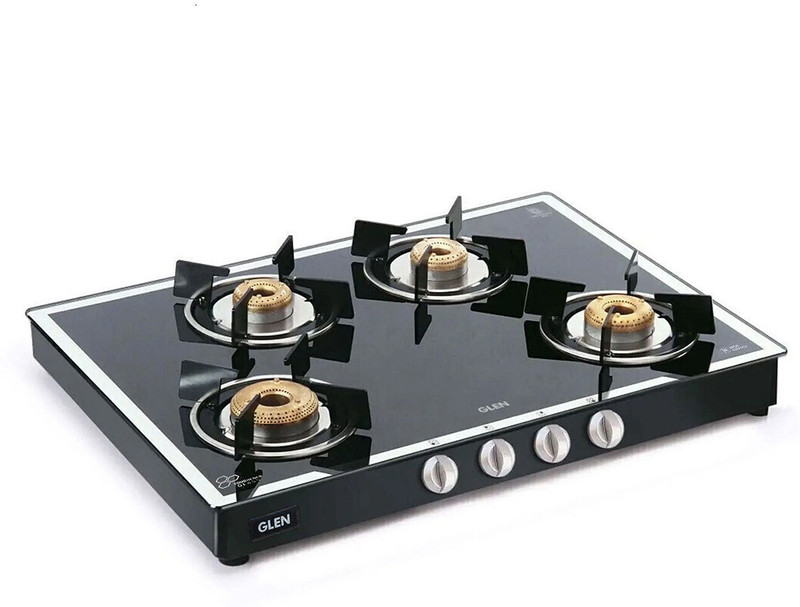 Glen 1048 GT Black Forged Burners Mirror Finish Glass Manual Gas Stove(4 Burners)