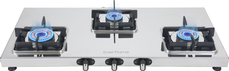 Everflame Prime 3 Burner Gas Stove | ISI Certified | 1.2mm Thick Body | 2 Years Warranty Stainless Steel Manual Gas Stove(3 Burners)