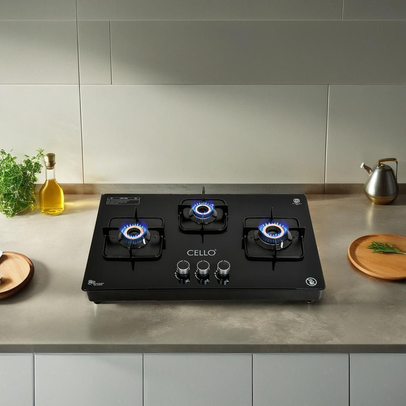 CELLO Crysta Automatic Ignition Hob Top 8 MM Black Glass Automatic Gas Stove(3 Burners)