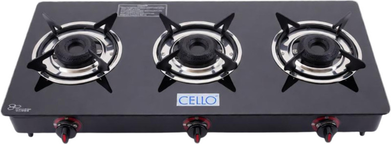 CELLO Crowne 3 Burner Black Gas Cooktop,Toughened Glass, ISI Certified 1 Year Warranty Glass Manual Gas Stove(3 Burners)