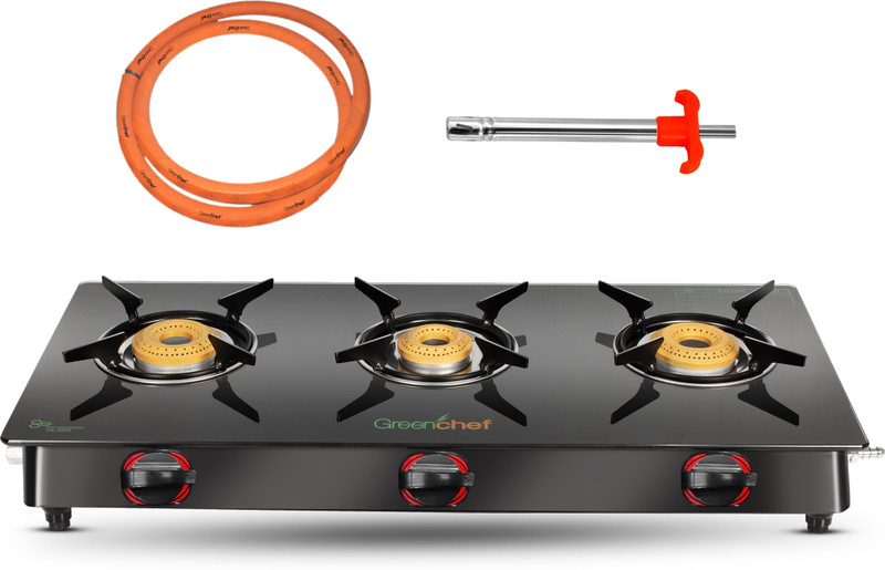 Greenchef Ebony Pro 3BR ( Hose Pipe + Lighter ) Glass Manual Gas Stove(3 Burners)