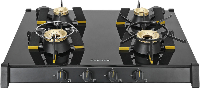 FABER 2 Burner Liftable Burner Round Pan Support Black ABS Knobs Cooktop Glass Manual Gas Stove(2 Burners)