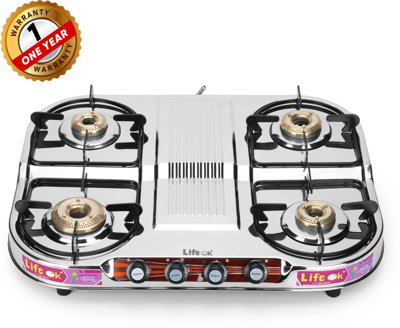 Life ok LifeOK Stainless Steel 4 Brass Burner Gas Stove Stainless Steel Manual Gas Stove(4 Burners)