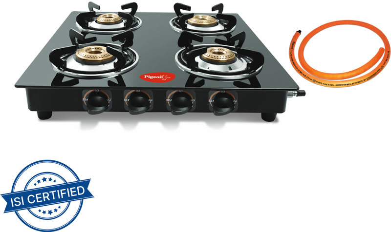 Pigeon Brunet Cooktop with hose pipe Glass Manual Gas Stove(4 Burners)