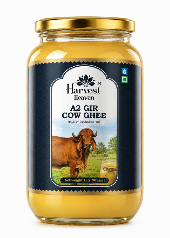 HARVEST HEAVEN A2 Cow Ghee 1 Litre | Traditionally Bilona-Churned | Aromatic | Glass Jar Glass Bottle(1 L)