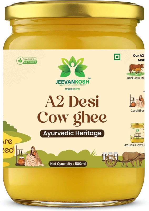 JEEVANKOSH A2 Desi Cow Bilona Ghee| Traditional Hand Churned | Ghee Glass Bottle(500 ml)