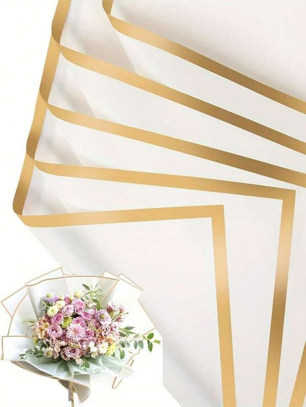Saksham Golden Border Line Flower Wrapping Paper | 20 Sheets, Waterproof Gift Wrap 60 Microns 58cm X 58cm, elegant packaging for bouquet, + 3 Free Pull Bow Ribbons Gift Wrapper(White)