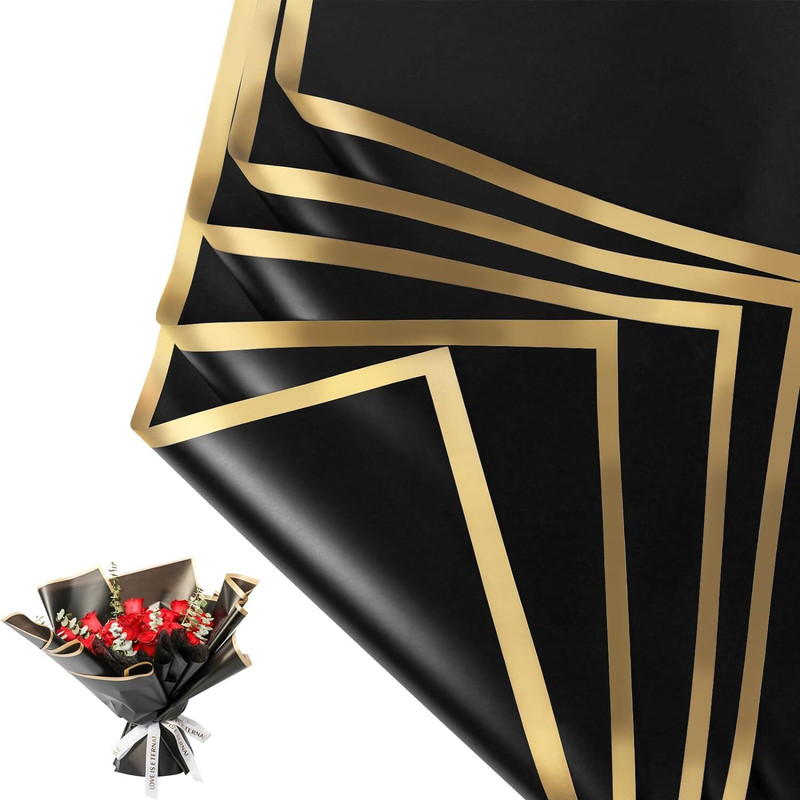 KHUSHA CREATIONS Black Korean Bouquet Wrapping Sheets With Pullout Ribbon For Flowers&Gifts(5Pcs) Bouquet Flower Wrapping Sheets, Gift Wrapping Sheets Plastic Gift Wrapper(Black & golden border)