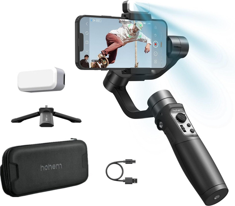 hohem Mobile+ Kit w/Fill Light,360° Infinite Rotation 3 Axis Gimbal for Mobile(280g)