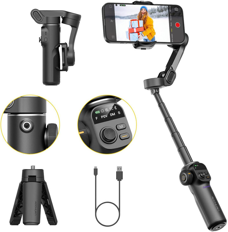 Cubonic AOCHUAN SmartX2 Stabilizer Handheld w/7.8in Xtension Rod App/Gesture OLED Screen 3 Axis Gimbal for Mobile(250 gram)