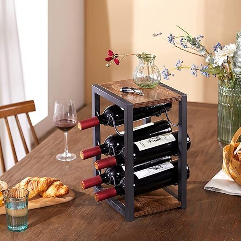Indian Decor 44524 Countertop Wine Rack Rustic Wooden Wine Holder Iron Glass Holder