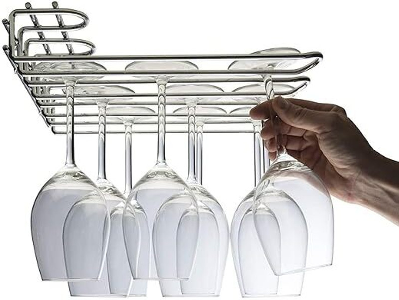 Indian Decor 31031 Chrome Plated 3 Row Under Cupboard Counter Wall Mounted Glass Rack Iron Glass Holder