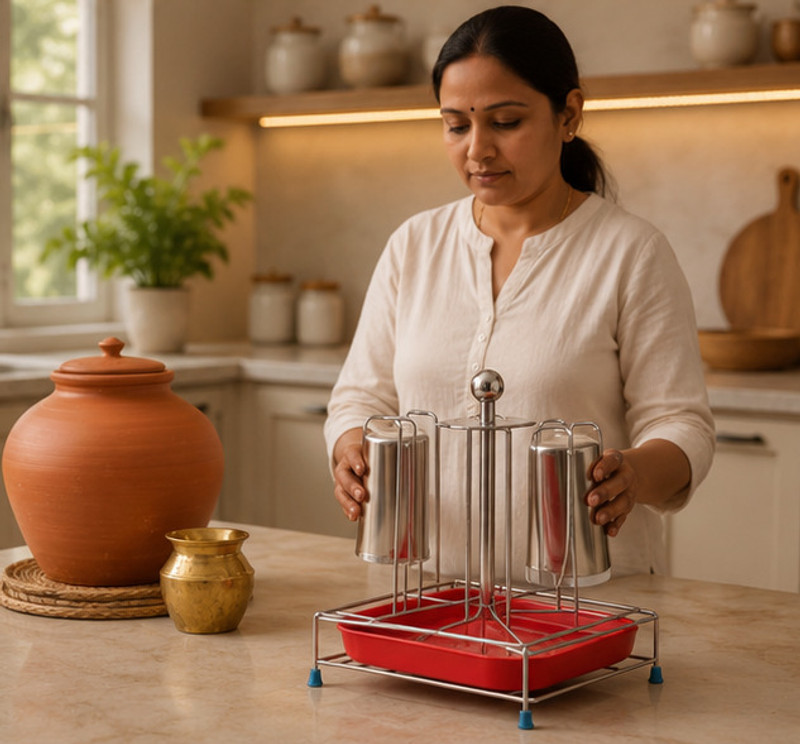 Harikishan Stainless Steel Glass Storage Rack with Cutlery Holder for Countertop Stainless Steel Glass Holder