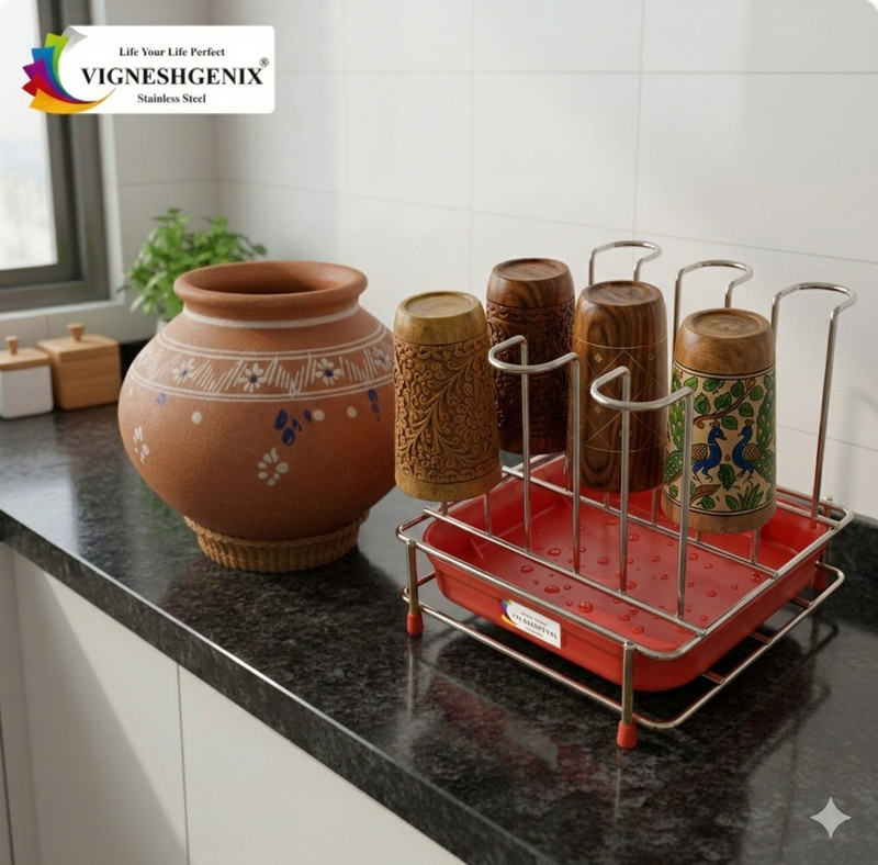 VIGSHRISE 9 Glass Holder Made By Stainless Steel | Glass Holder With Removable Tray Stainless Steel Dish Drainer, Spice Racks, Glass Holder, Utility Rack