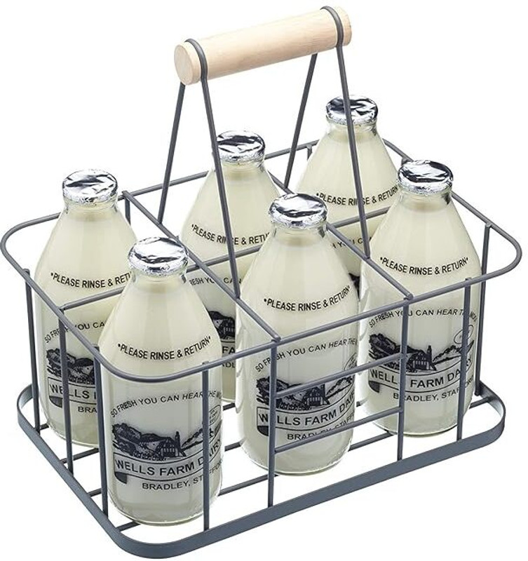 Indian Decor 28734 Nostalgia Wire Metal Milk Crate/Bottle Carrier, 29 x 20 x 13 cm - Grey Iron Glass Holder