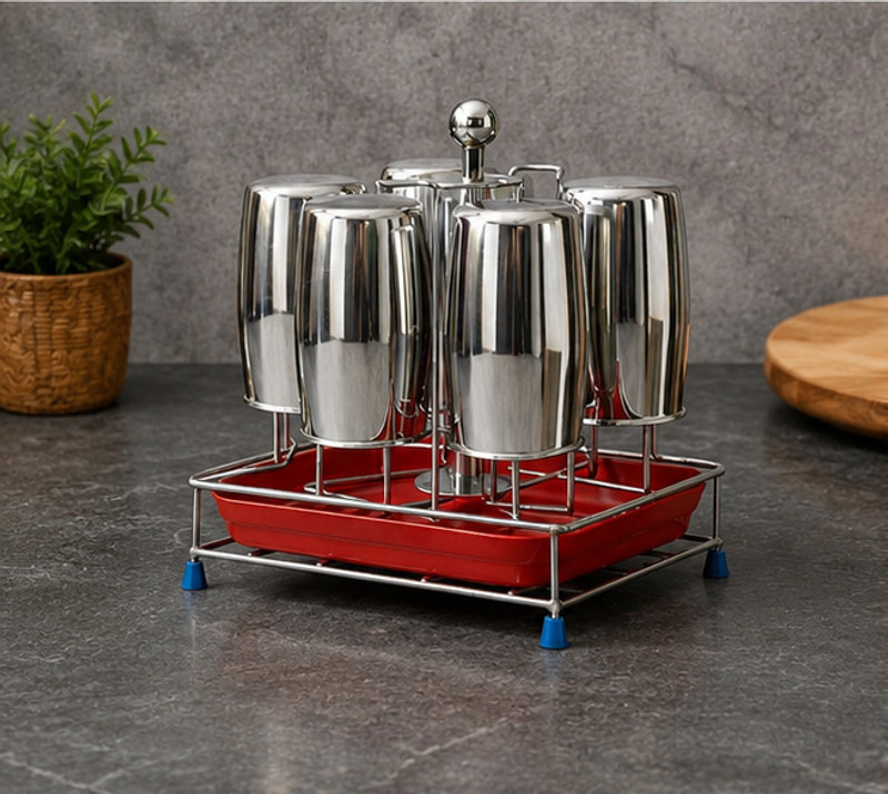 Harikishan Glass Holder Rack for 6 Glasses with Removable Drain Tray Stand Stainless Steel Glass Holder