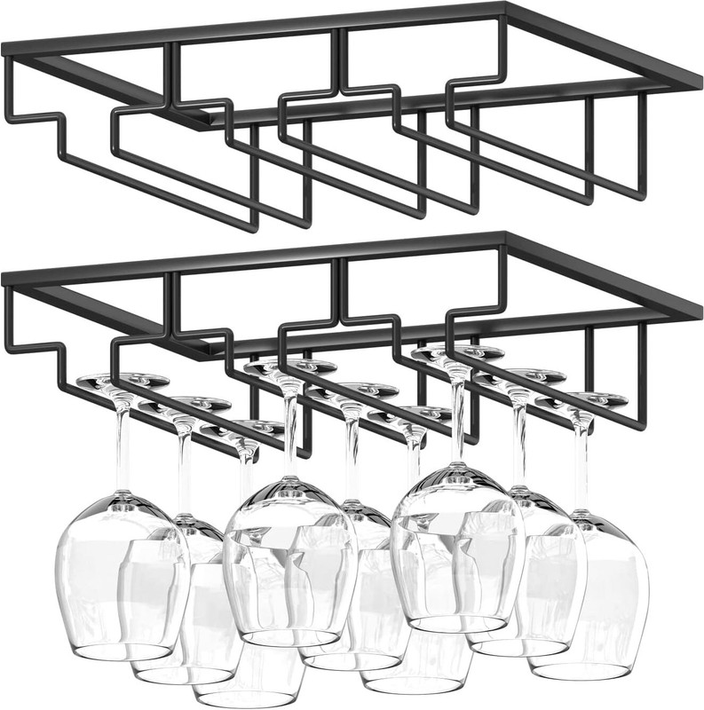 Bhoomidecoration 2 Pack Under Cabinet Rack Wine Glass Holder,3 Rows Black Cast Iron Glass Holder