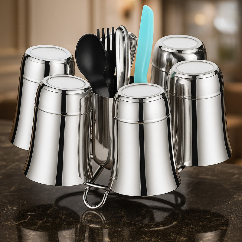 DXDT 6 Glass stand/Holder with Spoon/knife tumbler Holder for Kitchen Dining Table Stainless Steel Glass Holder