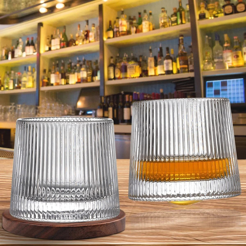 okechuku (Pack of 2) Fashioned Dancing Whiskey Glass Rotatable Bottom ,Premium Vertical Line Glass Set Whisky Glass(250 ml, Glass, Clear)