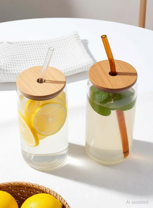 IRONGLASS (Pack of 2) Premium Quality ( Pack Of 2 ) Can shape tumbler with wooden lid and straw Glass Water/Juice Glass(500 ml, Glass, Clear)