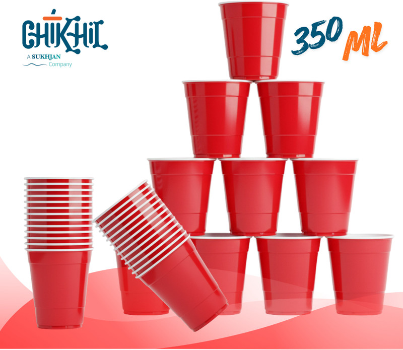 Chikhil (Pack of 25) RED PARTY GLASSES 350ML Glass Beer Glass(350 ml, Plastic, Red)