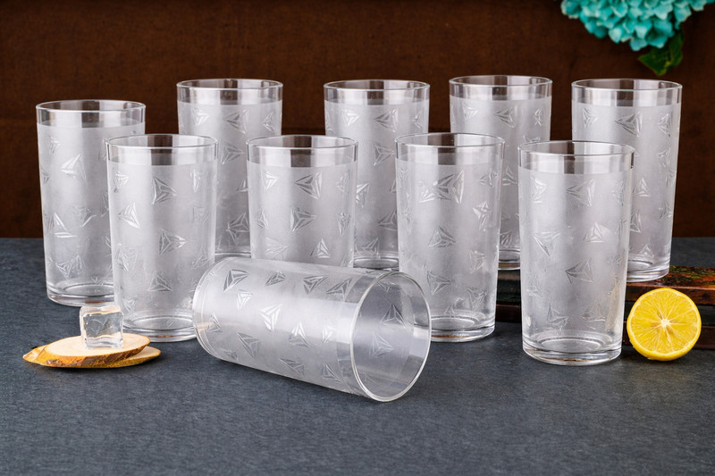 BELLERBIRD (Pack of 10) Premiyum Quelity Geomatric Designe Unbrekable Glass Set Water/Juice Glass(300 ml, Plastic, Clear)