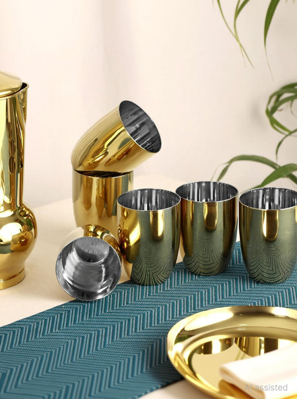 Chakmak (Pack of 6) Matka PVD Gold Glass Set Water/Juice Glass(400 ml, Steel, Gold)