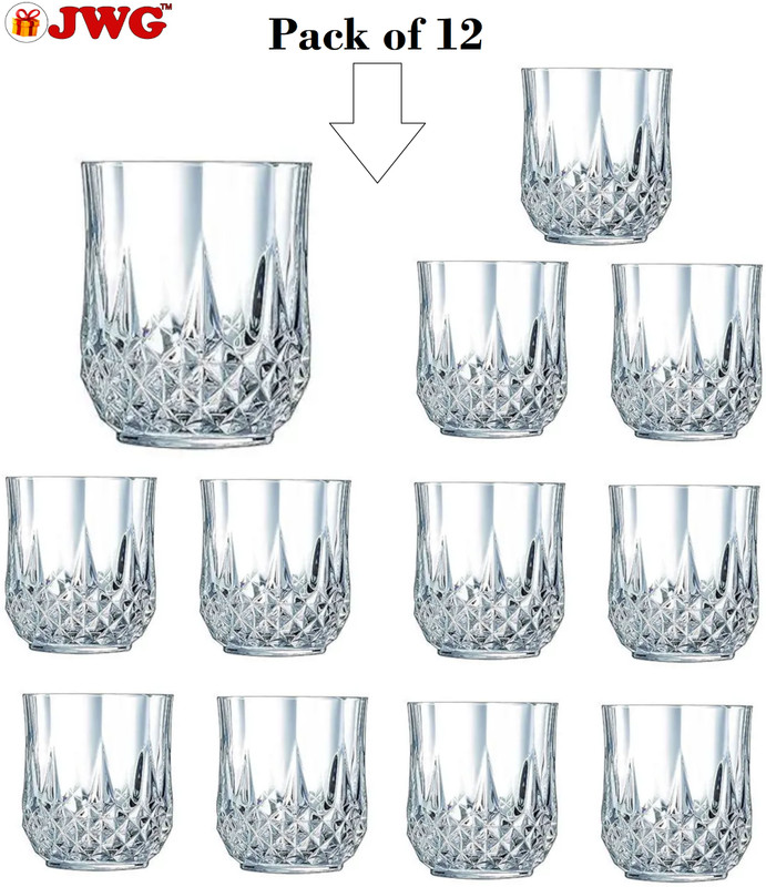 Jwg (Pack of 12) Unbreakable Plastic glass cristal design (pack of 12) multicolor 300 ml Glass Set Water/Juice Glass(300 ml, Plastic, White)