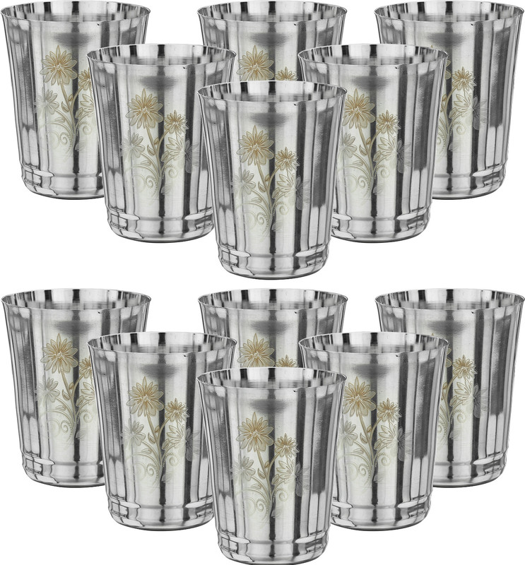 LIMETRO STEEL (Pack of 12) Laser Printed and Drinking (Flawer-1) Glass Set Water/Juice Glass(350 ml, Steel, Silver)