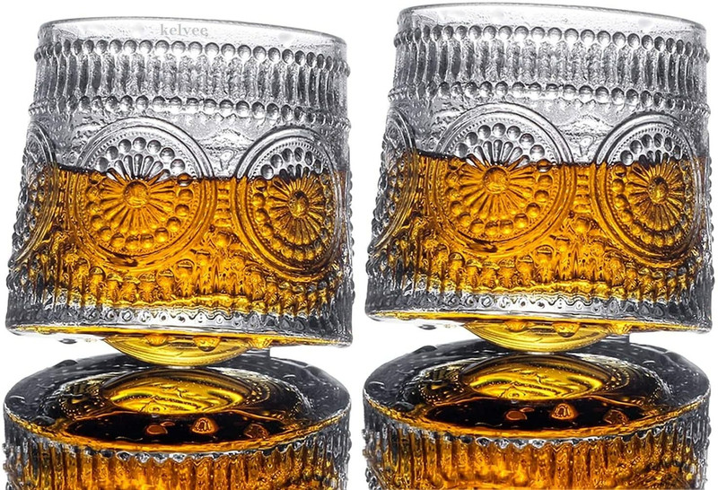 TINSUHG (Pack of 2) Whiskey Glass Elegant Rotatable Glass with Heavy Base,Tumbler Rocks Glass Set Whisky Glass(220 ml, Glass, Clear)