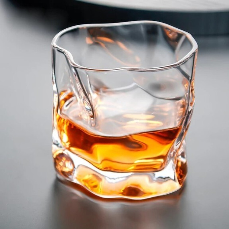 MOBHADA (Pack of 6) CRUMPLE Whiskey Tumbler 6PCS || Crystal Cut Barware Drinking Glasses for Whisky Glass Set Whisky Glass(280 ml, Glass, Clear)