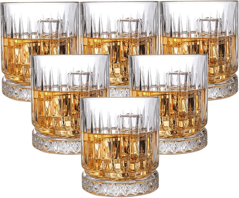 JAY RAMDEV SELLER (Pack of 6) Tumbler Whiskey Glass Spining Glasses Bar Glass for Drinking Bourbon Glass Set Whisky Glass(300 ml, Glass, Clear)