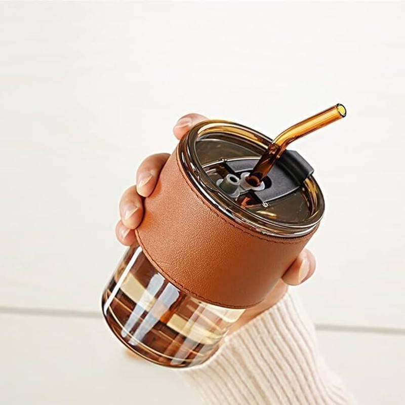 SHUBHENTP Glass Mug with Straw and Cover 400 Ml | Leather Grip Coffee Cup | Glass Champagne Glass(400 ml, Glass, Multicolor)