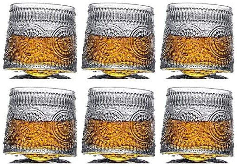 TINSUHG (Pack of 6) Whiskey Glasses Big Size Spinning/ Swirling Drinking Glass Set Whisky Glass(220 ml, Glass, Clear)